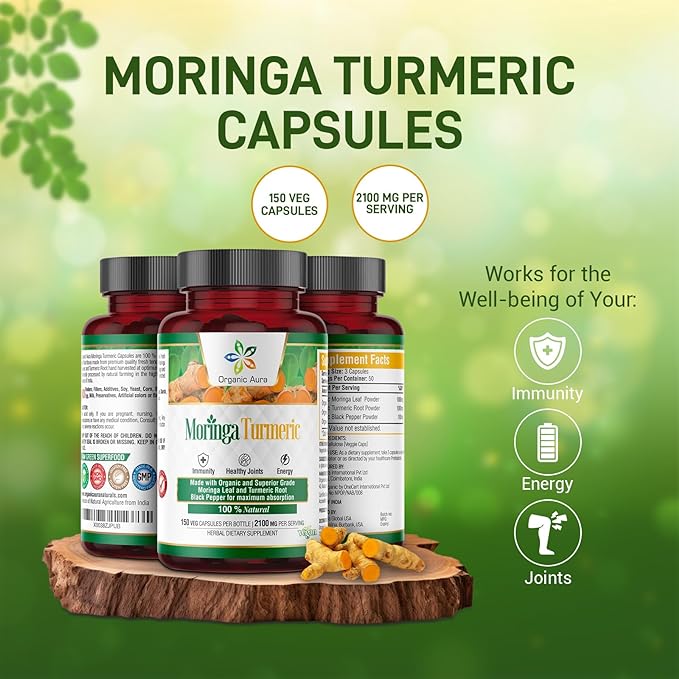 Moringa Turmeric Curcumin Capsule. 150 Veg. Whole Green Superfood. Natural Essential Nutrition - Energy, Stamina, Metabolism, Immunity and Endurance. Non GMO and Gluten Free.