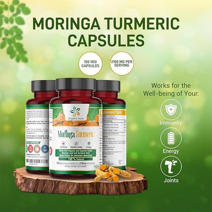 Moringa Turmeric Curcumin Capsule. 150 Veg. Whole Green Superfood. Natural Essential Nutrition - Energy, Stamina, Metabolism, Immunity and Endurance. Non GMO and Gluten Free.