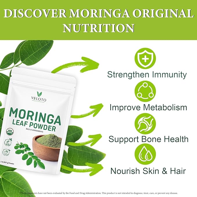 Moringa Leaf Powder Organic, Moringa Oleifera Powder Natural Antioxidants & Vitamin Superfoods for Moringa Tea, Drink & Vegan Recipes, Moringa Powder for Hair, Gluten Free & Non-GMO, 2 Pounds