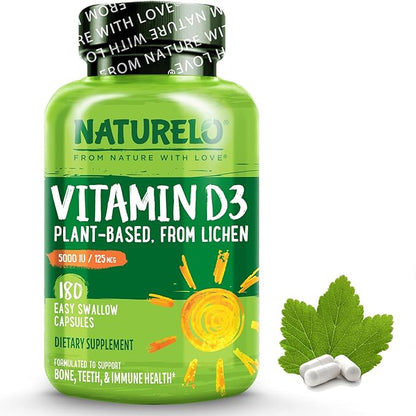 NATURELO Vitamin D - 5000 IU - Plant Based from Lichen - Natural D3 Supplement for Immune System, Bone Support, Joint Health - High Potency - Vegan - Non-GMO - Gluten Free - 180 Capsules