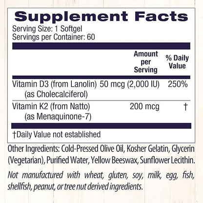 Healthy Origins Vitamin D3 & K2 - Vitamin D3, 50 mcg - Vitamin K2, 200 mcg - Easily Absorbable Vitamin D & Vitamin K Supplements - Non-GMO & Gluten-Free Supplements - 60 Softgels