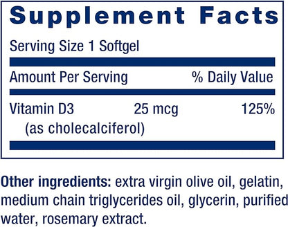 Life Extension Vitamin D3 25 mcg (1000 IU), Immune System Support, Bone Health, Whole-Body Health, Value Size, Gluten-Free, Non-GMO, 250 softgels