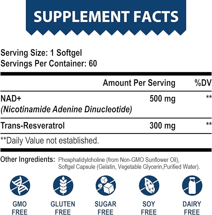 Liposomal NAD+ 500 mg + Trans-Resveratrol 300 mg,Superior Absorption,True NAD Supplement Efficient Than NMN,Nicotinamide Riboside for Cellular Energy Metabolism & DNA Repair,Healthy Aging,120 Softgels