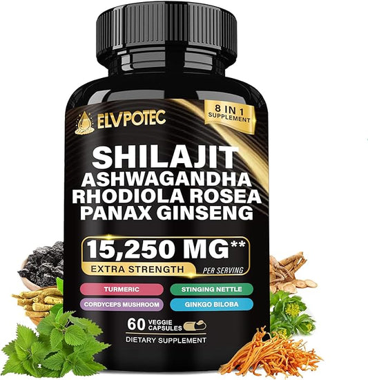 9000MG Pure Himalayan Shilajit, 2000MG Ashwagandha Energy Booster, 1000MG Rhodiola Rosea, 1500MG Panax Ginseng, 500MG Turmeric, 500MG Ginkgo, 250MG Stinging Nettle, 500MG Cordyceps Mushroom