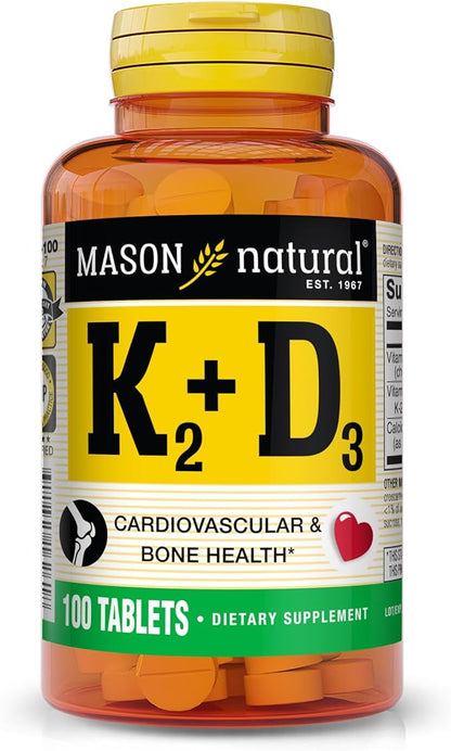 MASON NATURAL Vitamin K2 100 mcg Plus Vitamin D3 - Supports Bone, Cardiovascular & Muscle Health, 100 Tablets