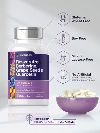 Horbäach Resveratrol Berberine Grape Seed & Quercetin | with Blueberry & Red Wine Extract | 120 Capsules | Non-GMO, Gluten Free Supplement