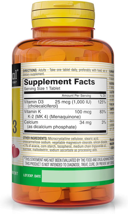 MASON NATURAL Vitamin K2 100 mcg Plus Vitamin D3 - Supports Bone, Cardiovascular & Muscle Health, 100 Tablets