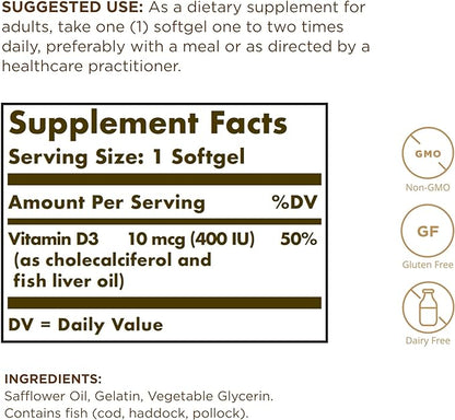 Solgar Vitamin D3 (Cholecalciferol) 10 MCG (400 IU), 250 Softgels - Helps Maintain Healthy Bones & Teeth - Immune System Support - Non-GMO, Gluten Free, Dairy Free - 250 Servings