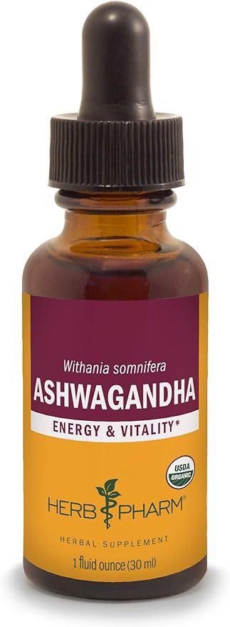 Herb Pharm Certified Organic Ashwagandha Extract for Energy and Vitality, Grain, Organic Cane Alcohol, 1 Ounce