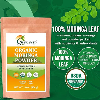 Grenera Organic Moringa Powder 1 lb (16oz/454g), Moringa Oleifera Leaf Powder – USDA, Kosher, Gluten Free, Non-GMO, Perfect for Smoothies, Drinks, Tea & Recipes