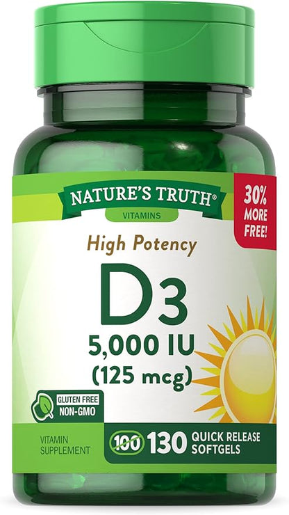 Nature's Truth Vitamin D3 5000 IU Softgels 130 Count | High Potency Vitamin D | Non-GMO, Gluten Free