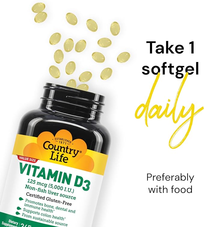 Country Life Vitamin D3, Non-Fish 5000 IU, 365 Softgels, Certified Gluten Free