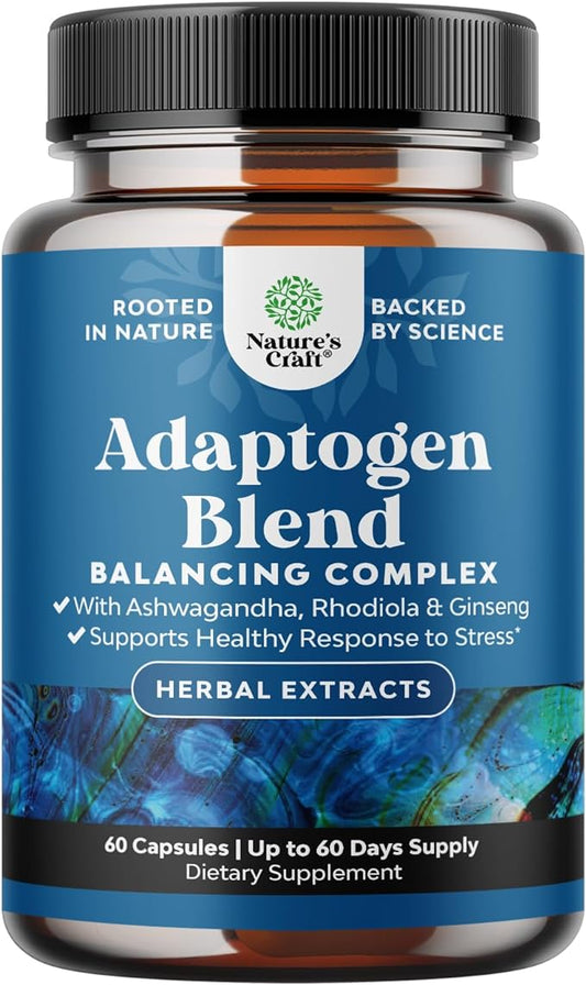 Herbal Adaptogen Mood Support Supplement - Calming Adaptogens Supplement for Stress & Cortisol Management with Ashwagandha Rhodiola Rosea & Maca Root - Vegan Non GMO & Daytime Friendly - 60ct