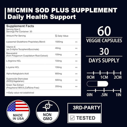 SOD Plus Supplement 500mg Antioxidant Supplements with liposomal glutathione, AKG, Green Tea Extract, L-Arginine, Lysine, Resveratrol and Vitamin E for Immune Support