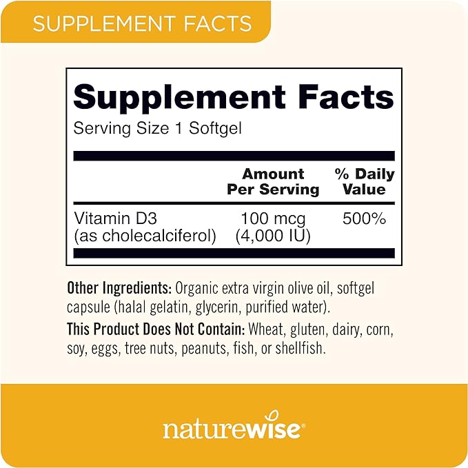 NatureWise Vitamin D3 4000iu (100 mcg) Healthy Muscle Function, and Immune Support, Non-GMO, Gluten Free in Cold-Pressed Olive Oil, Packaging Vary (Mini Softgel), 200 Count