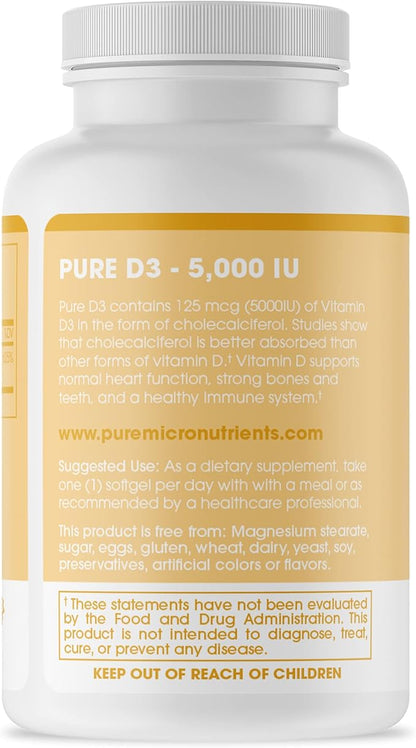 Pure Micronutrients Pure D3 – Vitamin D3 5000 IU, Natural Vitamin D Supplements (Cholecalciferol) - Immune Support, Healthy Muscle Function & Bone Health - 90 Mini Softgels