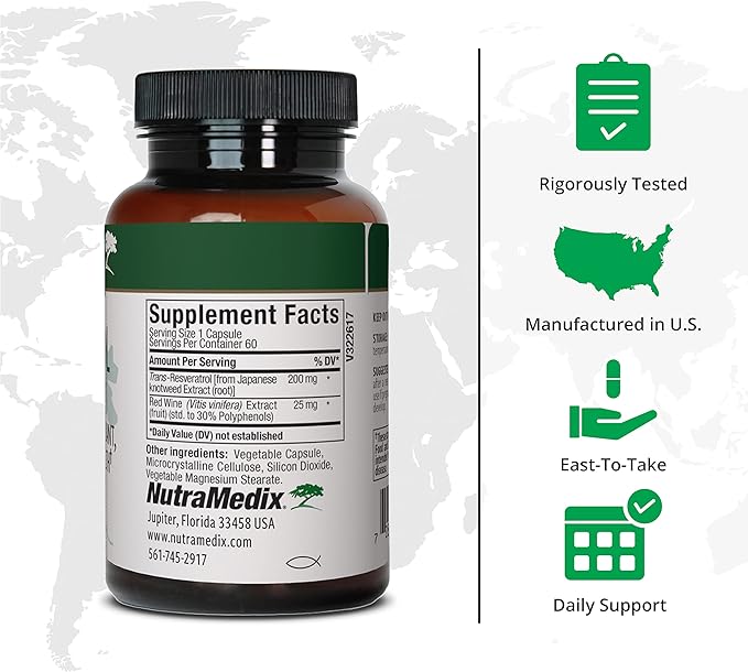 NutraMedix Resveratrol Capsules - Bioavailable Antioxidants Supplement from Red Wine Extract + Grape Skins - 200mg Japanese Knotweed for Immune & Cardiovascular Support (60 Capsules)