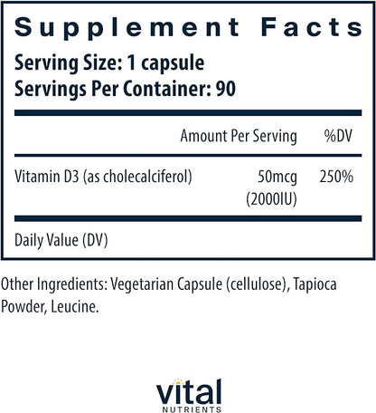 Vital Nutrients Vitamin D 2000 IU | Vitamin D3 Supplement | Healthy Bones, Teeth, Muscles*| Cellular & Immune Function | Calcium Absorption | Gluten, Dairy and Soy Free | 90 Capsules