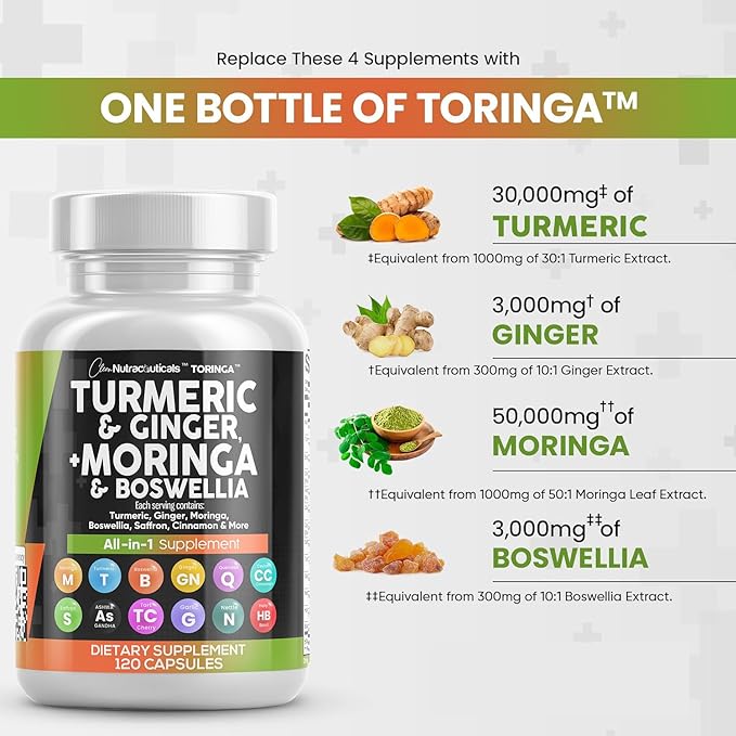 Turmeric Curcumin 30000mg Ginger 3000mg Moringa 50000mg Boswellia 3000mg Saffron 2000mg - Joint Support Supplement for Women and Men with Ceylon Cinnamon, Quercetin, Tart Cherry - 120 Caps