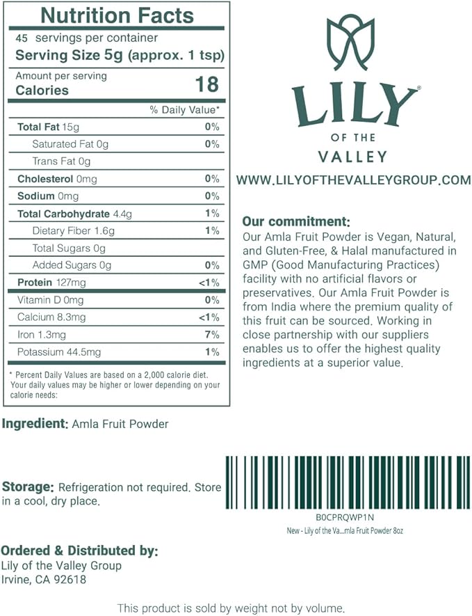 Lily of the Valley Amla Berry Powder (Amalaki) - Ideal for Cooking & Beauty Care - Rich in Antioxidant & Vitamin C - Natural, Vegan & Gluten-Free - Packed in Resealable Pouch (16oz, 453g)