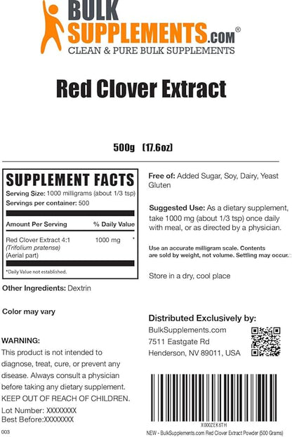 BulkSupplements.com Red Clover Extract - Red Clover Leaf Extract - Red Clover Powder - Antioxidants Supplement - Red Clover Blossom Extract for The Hair and Bones (500 Grams - 1.1 lbs)