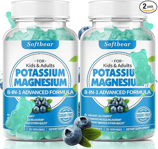 Potassium Gummies for Adults, High Absorption Magnesium Potassium Supplement with Vitamin B6 for Leg Cramps & Muscle Health Sugar-Free Vegan Blueberry 120 Gummies