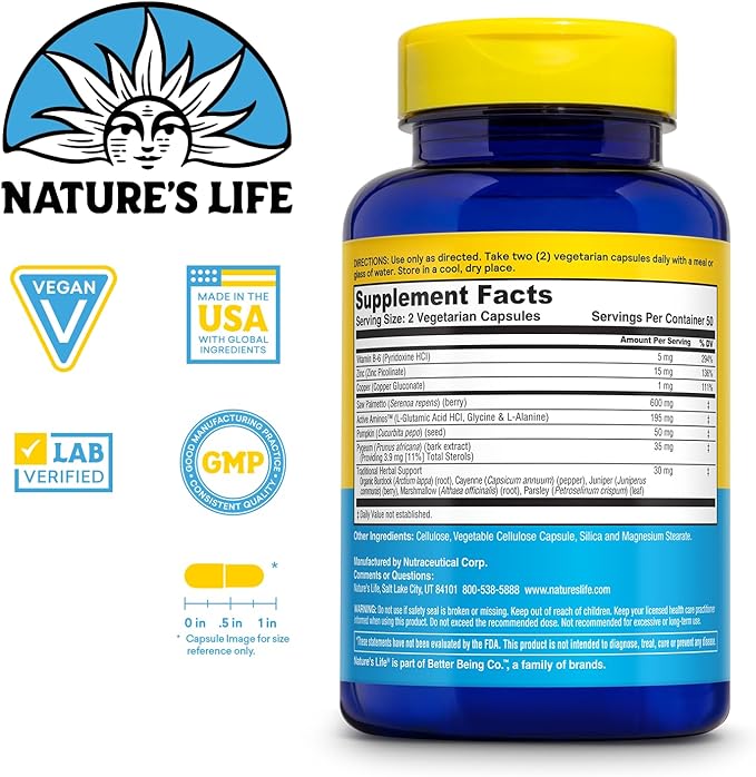 Nature's Life Prostate Maintain 600 Plus - Prostate Support Supplement for Men's Health - Saw Palmetto, Pygeum Herbal Complex and Zinc Supplements - 50 Servings, 100 Vegetarian Capsules