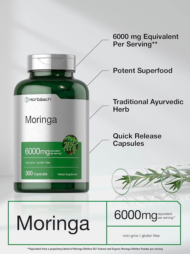 Horbäach Moringa Oleifera | 6000mg | 300 Powder Capsules | Non-GMO and Gluten Free Extract Formula | Complete Green Superfood