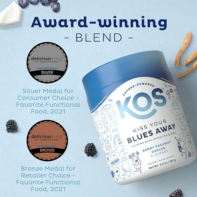 KOS Calming Blue Spirulina Blend- USDA Certified Organic - Algae Superfood Powder with Ashwagandha Root, Lemon Balm, Reishi Mushroom, B Vitamins - Berry Coconut Cooler Flavor, 28 Servings