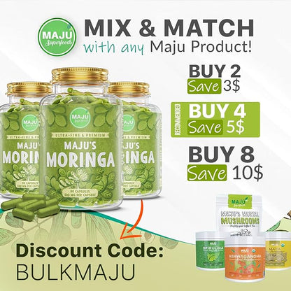 MAJU's Organic Moringa Capsules, Oleifera Leaf, Extra-Fine Quality Moringa Leaves, Dried Drumstick Tree Leaves, Organic Moringa Powder Extract Supplement Capsules from Plant (90 ct)