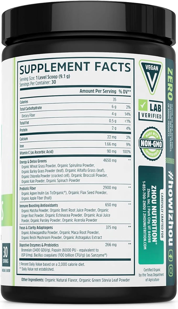 Zhou Deep Greens | Organic | Morning Complete Prebiotic Probiotic Powder | Green Blend of Wheatgrass, Spirulina, and Maca Powder | 9.6 oz, 30 Servings