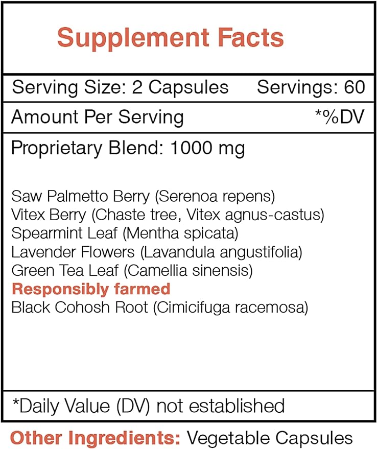 Hirsu Secret 120 Capsules, 1000 mg, Saw Palmetto, Black Cohosh, Vitex, Spearmint, Lavender, Green Tea. Unwanted Face & Body Hair (120 Capsules)