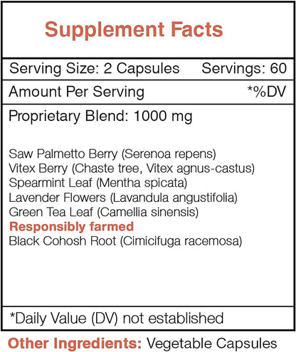 Hirsu Secret 120 Capsules, 1000 mg, Saw Palmetto, Black Cohosh, Vitex, Spearmint, Lavender, Green Tea. Unwanted Face & Body Hair (120 Capsules)