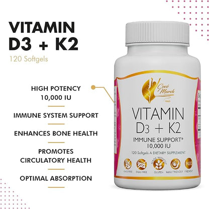 Coco March Vitamin D3+K2 10,000 IU - 4 Month Supply HIGH Potency - Immune & Joint Health Gluten Free, GMO Free, Dairy Free, Keto Friendly, Paleo Friendly, 250 mcg of D3-180 mcg of Vitamin K2