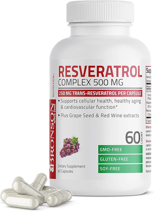 Bronson Resveratrol 500 Complex Standardized Trans-Resveratrol + Grape Seed & Red Wine Extract, 60 Capsules