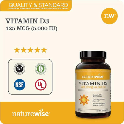 NatureWise Vitamin D3 5000iu (125 mcg) Healthy Muscle Function, and Immune Support, Non-GMO, Gluten Free in Cold-Pressed Olive Oil, Packaging Vary ( Mini Softgel), 90 Count