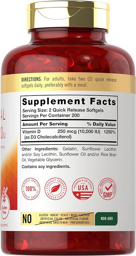 Carlyle Vitamin D3 Liposomal | 10,000 iu | 400 Softgels | Non-GMO and Gluten Free Formula | High Potency Vitamin D Supplement