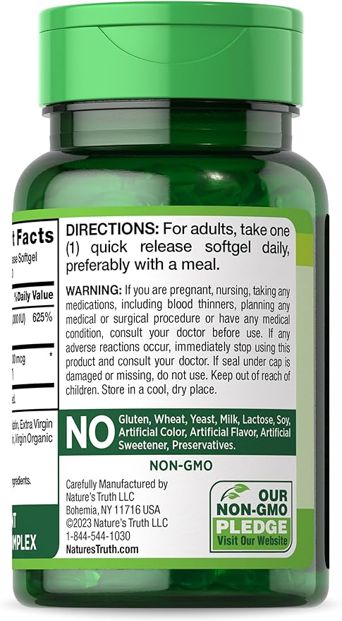 Vitamin K2 MK7 Complex | 100 mcg | 50 Softgels | with Vitamin D3 | Non-GMO & Gluten Free Supplement | by Nature's Truth