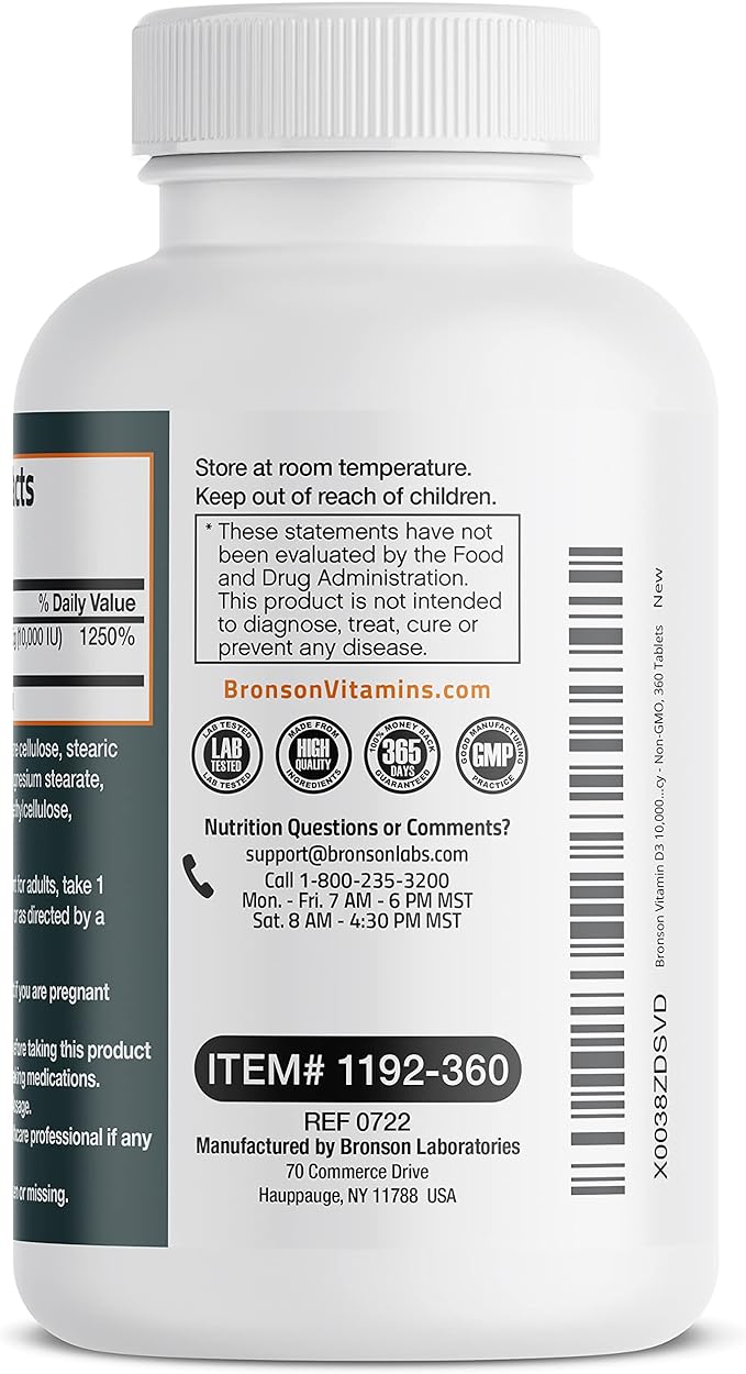 Bronson Vitamin D3 10,000 IU (250 MCG) 1 Year Supply for Healthy Muscle Function and Immune Support, Non-GMO, 360 Tablets