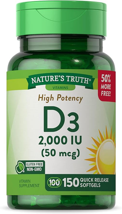 Vitamin D3 2000 IU | 150 Softgels | High Potency | Non-GMO and Gluten Free Supplement | by Nature's Truth