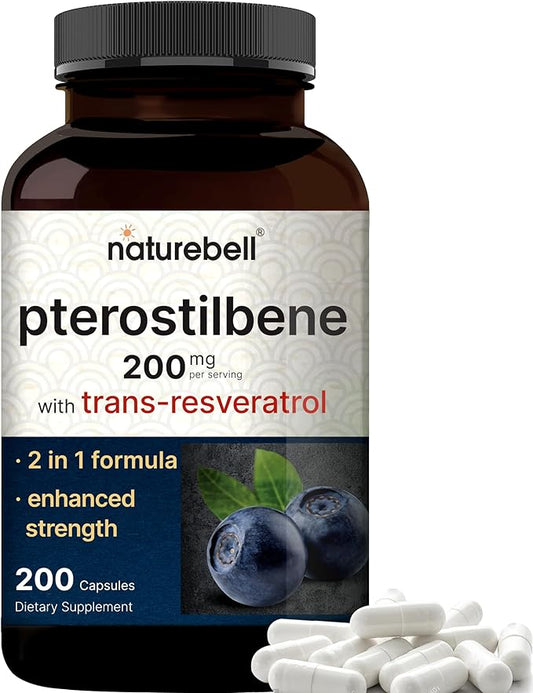 Pterostilbene with 98% Trans-Resveratrol, 200mg Per Serving, 200 Capsules | Naturally Sourced from Wild Blueberries – Antioxidant Supplement for Healthy Aging Support – Non-GMO