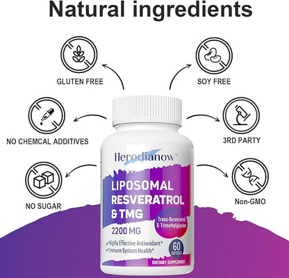 Liposomal Resveratrol with TMG Supplement 2200 MG, 99% Purity Trans-Resveratrol & Trimethylglycine- for Aging, Immune System,Skin & Overall Health,60 Softgels