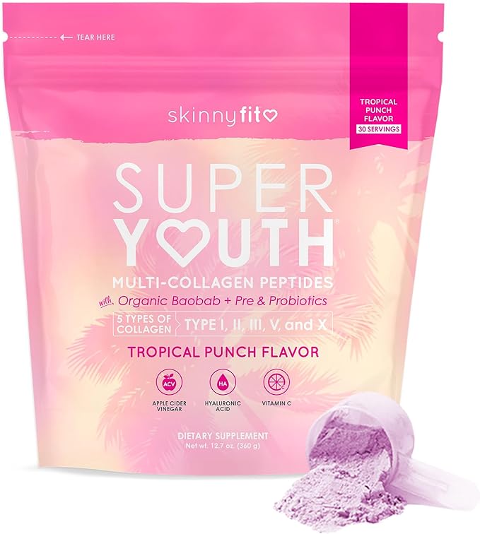 SkinnyFit Super Youth Tropical Punch Multi-Collagen Peptides + Probiotics, Baobab Fiber, Apple Cider Vinegar, Hyaluronic Acid, & Vitamin C, Skin, Hair, Joint & Metabolism Support, 30 Servings