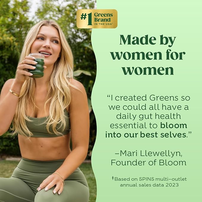 Bloom Nutrition Superfood Greens Powder Stick Packs, Digestive Enzymes with Probiotics and Prebiotics, Gut Health, Bloating Relief for Women, Chlorella, Green Juice Mix, 15 SVG, Mango