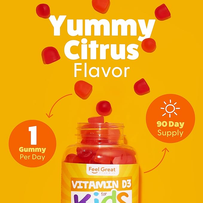 Feel Great Kids Vitamin D3 1000 IU Gummies | Kids Vitamin D Gummies for Healthy Bones, Mood, & Immune Support | Citrus Flavored Vegetarian D3 Gummies | 90 Day Supply