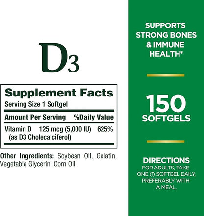 Nature's Bounty Vitamin D3, Immune and Bone Support, 5000IU, Rapid Release Softgels, 150 Ct