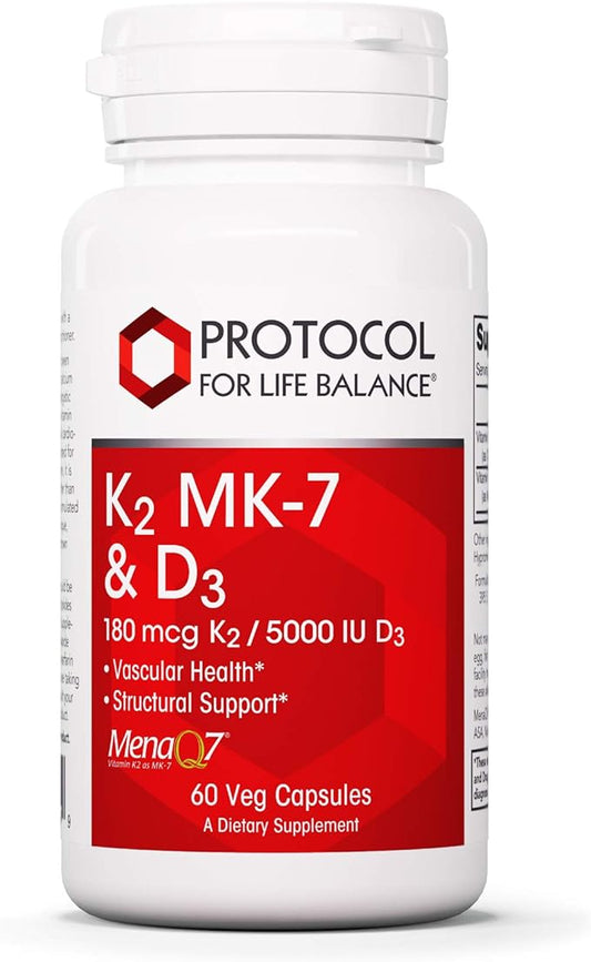 Protocol K2 MK-7 & D3 - Skeletal, Bone, Calcium Absorption & Heart Health Supplement* - for Teeth, Vascular & Immune System Health* - Non-GMO, Kosher, Halal, Soy-Free - 60 Veg Capsules