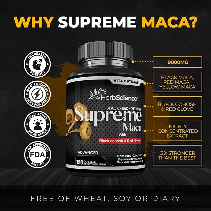 Supreme Maca Capsules 9000 mg, Powerful Black Maca Root Extract, Premium Strength - with Red Maca, Yellow Maca, Black Cohosh, Red Clover & More - Extremely Potent, 120 Capsules