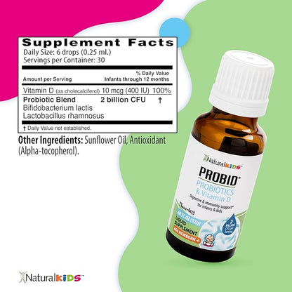 Naturalkids Probid Baby Probiotic Drops with Vitamin D for Digestive Health & Immune Support Supplement for Newborn, Infants & Kids - Flavorless .68 Fl Oz.