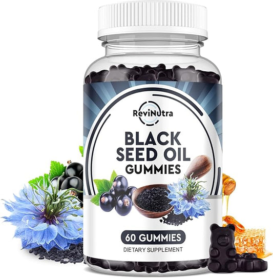 Black Seed Oil Gummies-Organic Cold Pressed Nigella Sativa Black Seed Oil with Honey, Vitamin B6, C, D3, Turmeric, Pomegranate, Support Immunity, Digestion, Brain Function, Hair & Skin-60 Gummies